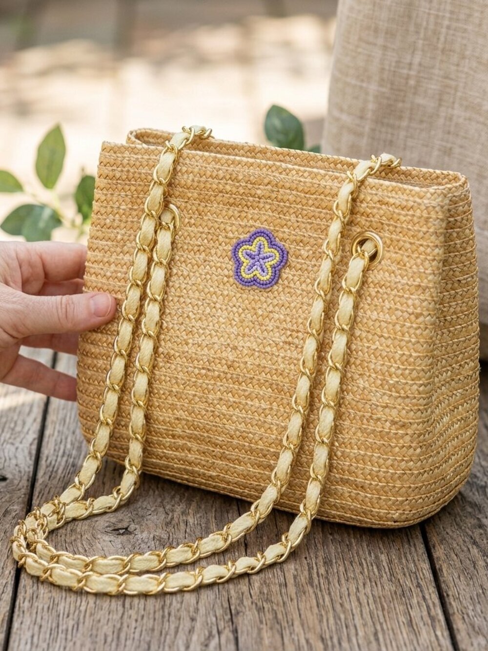 Boho Chic Straw Tote Bag with Gold Chain Summer